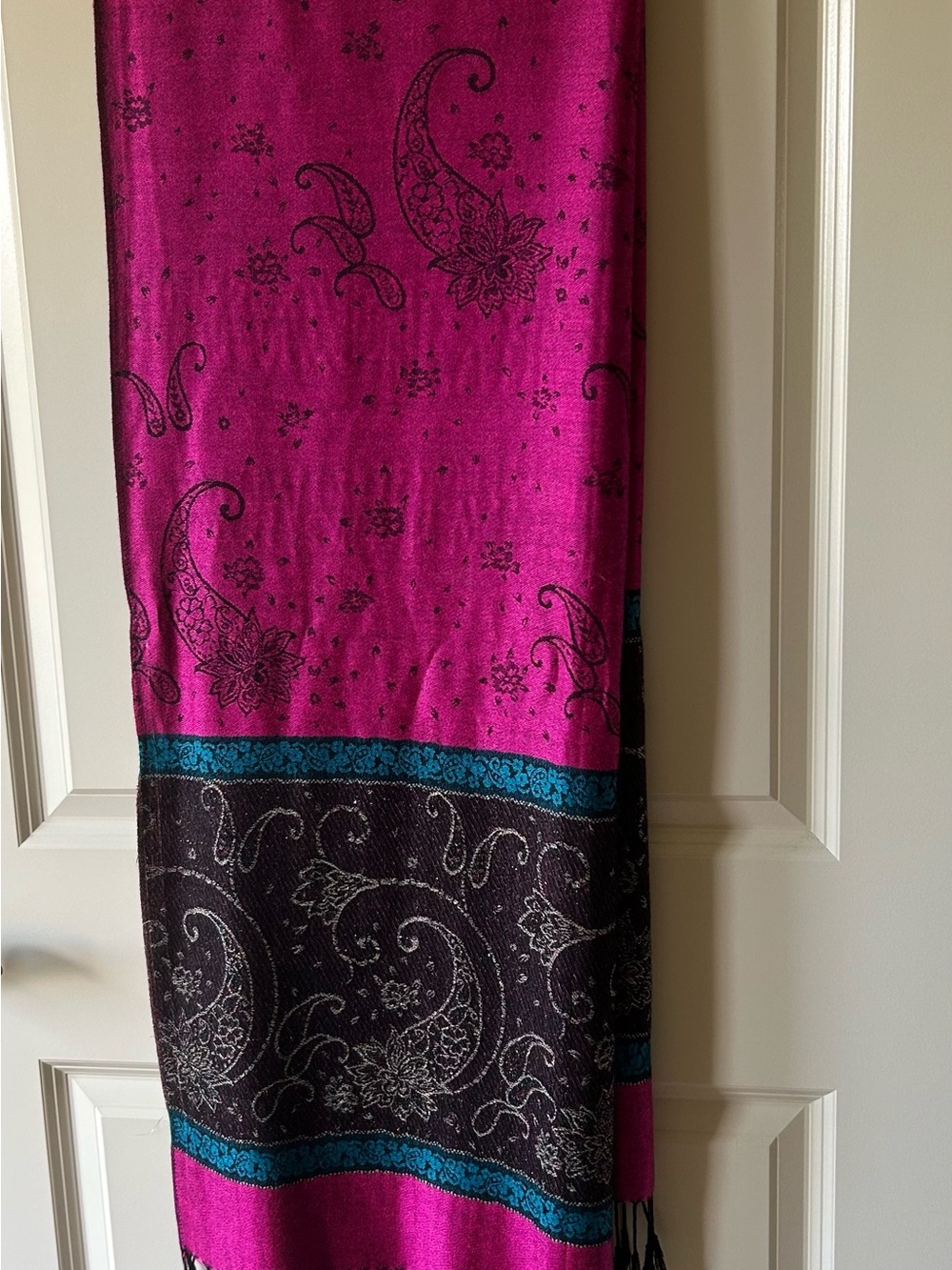 Women's Fuchsia Paisley Border Scarf  pashmina with Black Accents